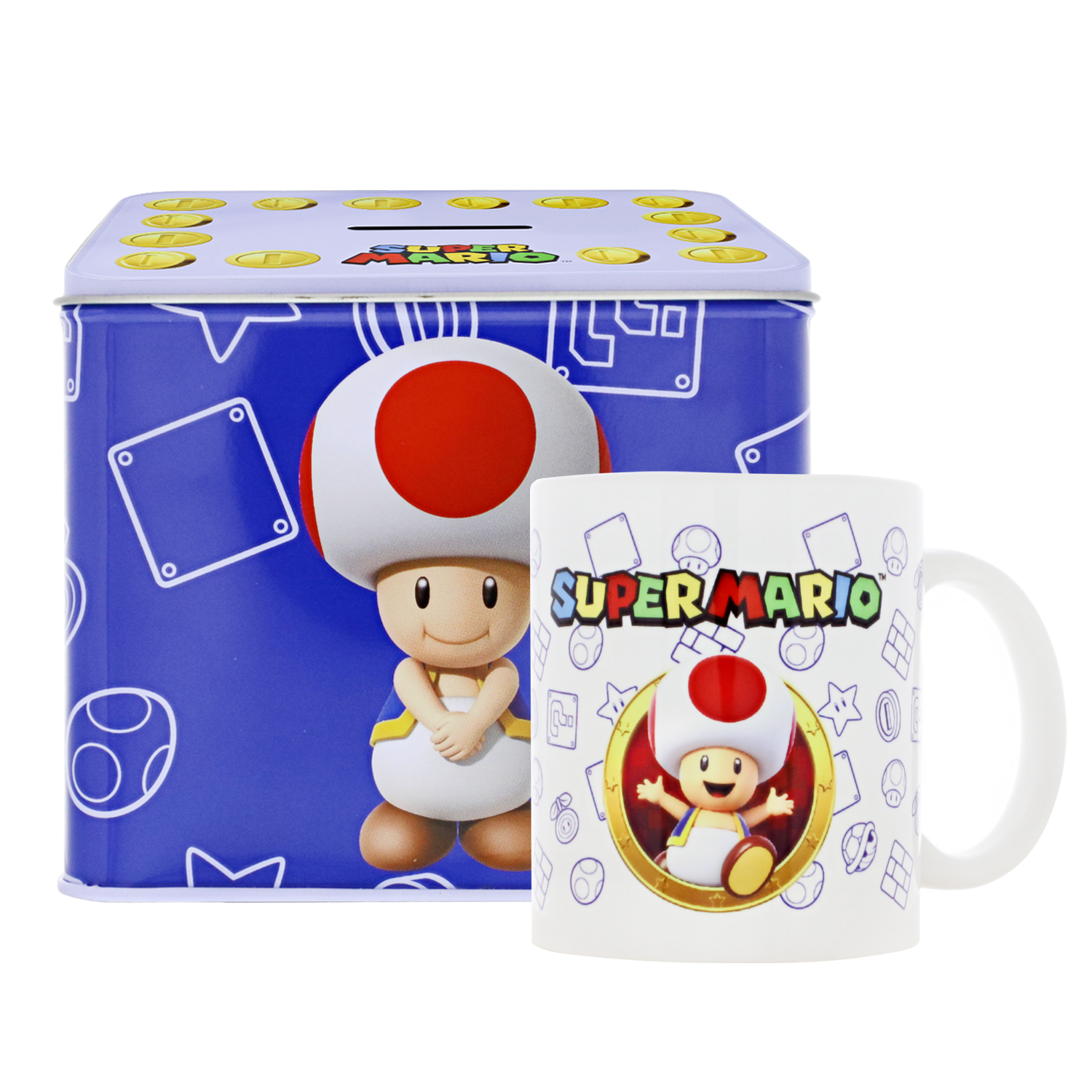 Nintendo Super Mario Set Diverse Motive Tasse Kaffeepott mit Spardose aus  Blech